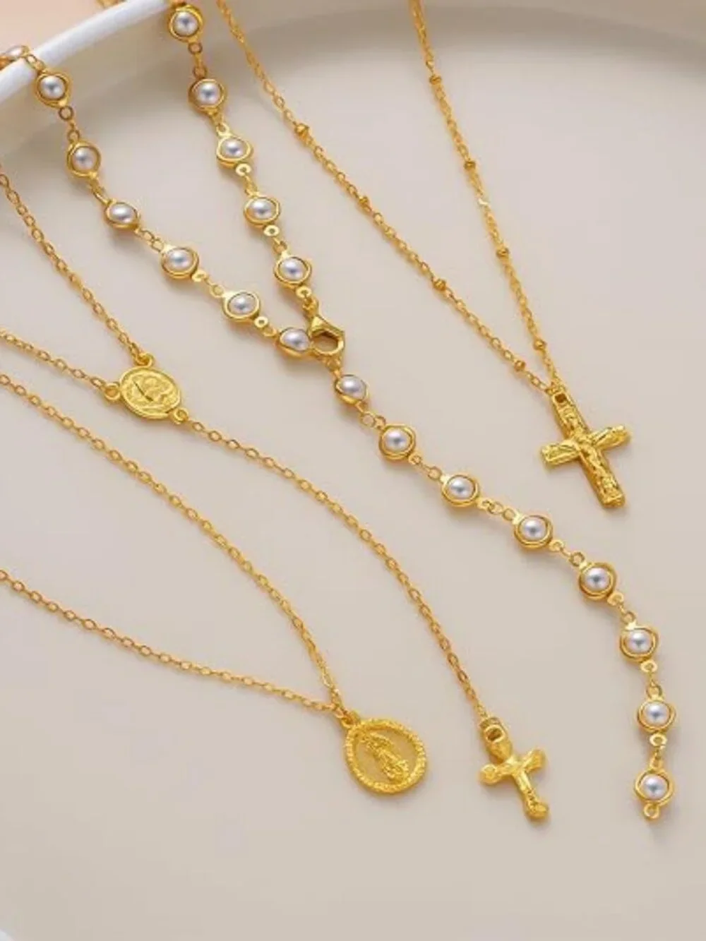4PCS Layered Gold Cross Necklaces for Women Trendy, Bohemian Bead Pearl Y Long